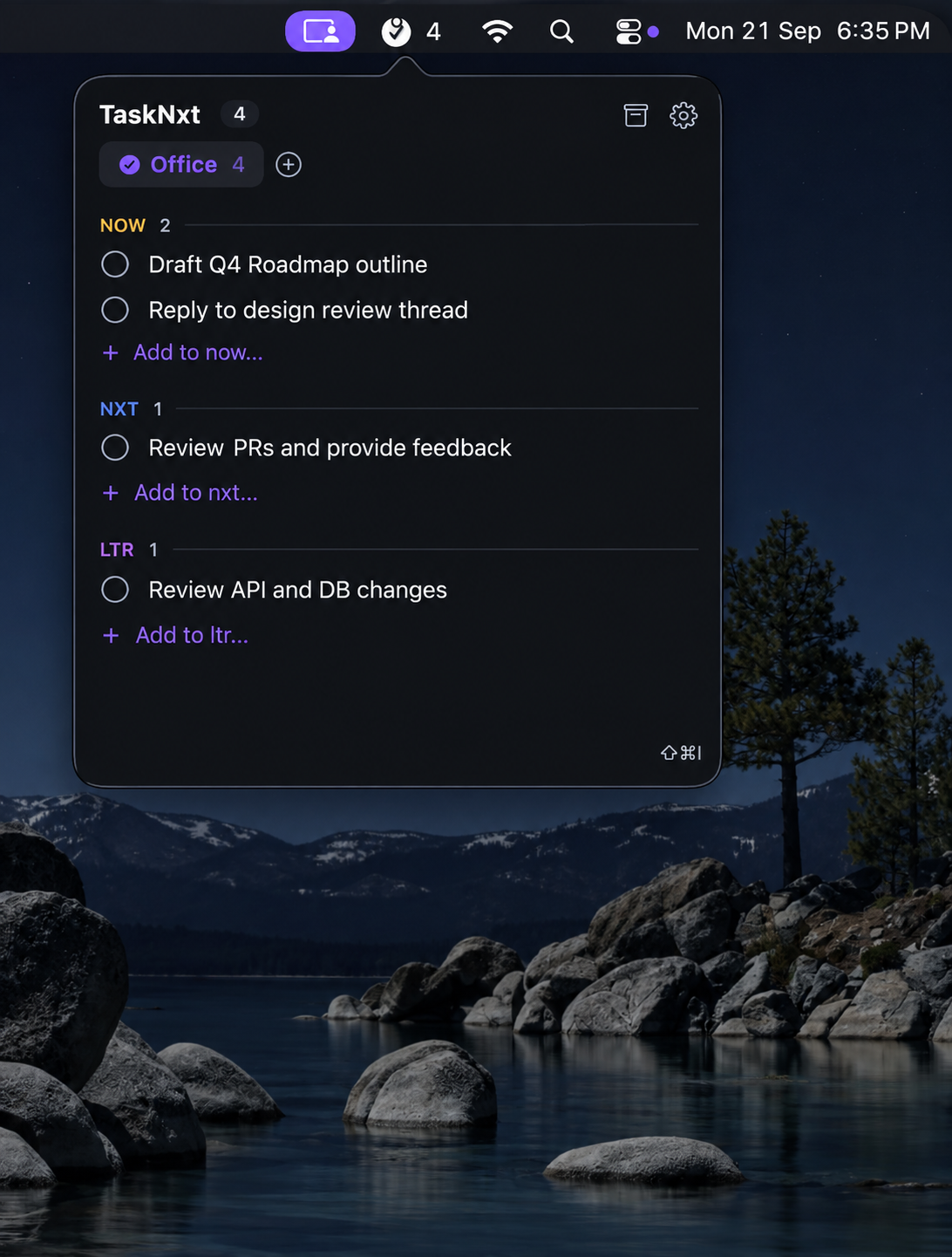 TaskNxt menu bar popover showing Now, Nxt, and Ltr lanes
